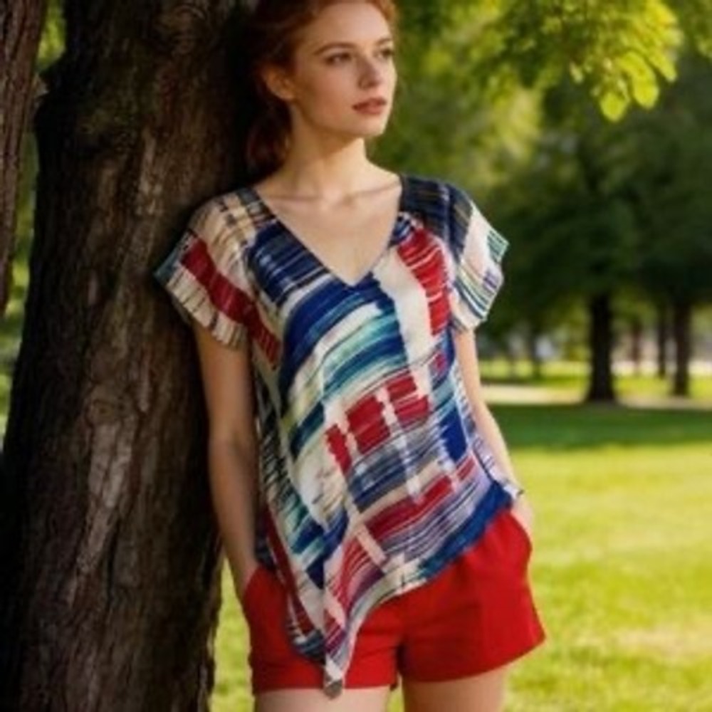 TRYB Silk Blouse Womens Medium Blue Red Abstract Asymmetric Excellent Top